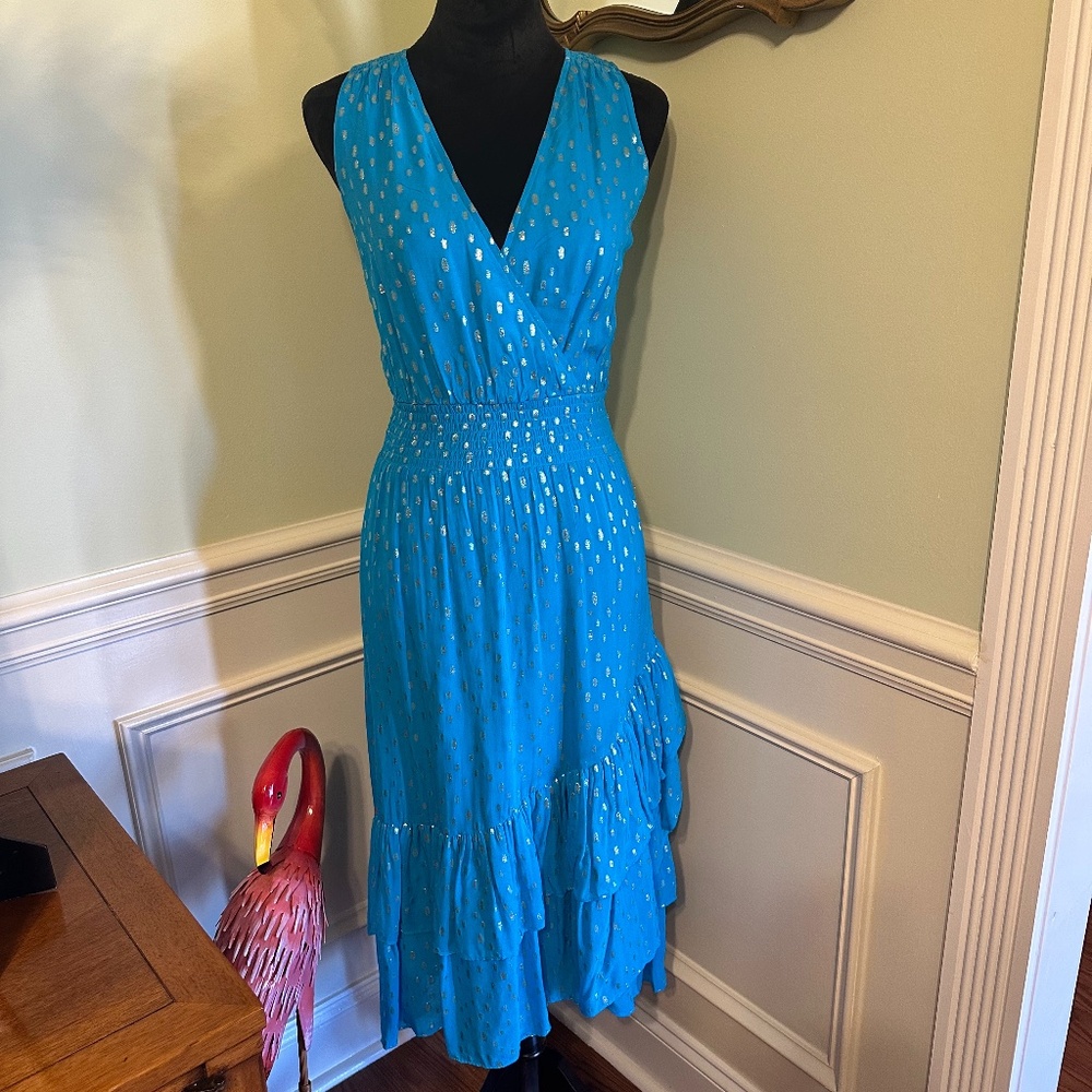 Lilly Pulitzer Blue & Silver Valeri Midi Dress High Low Ruffle Bottom Size  00